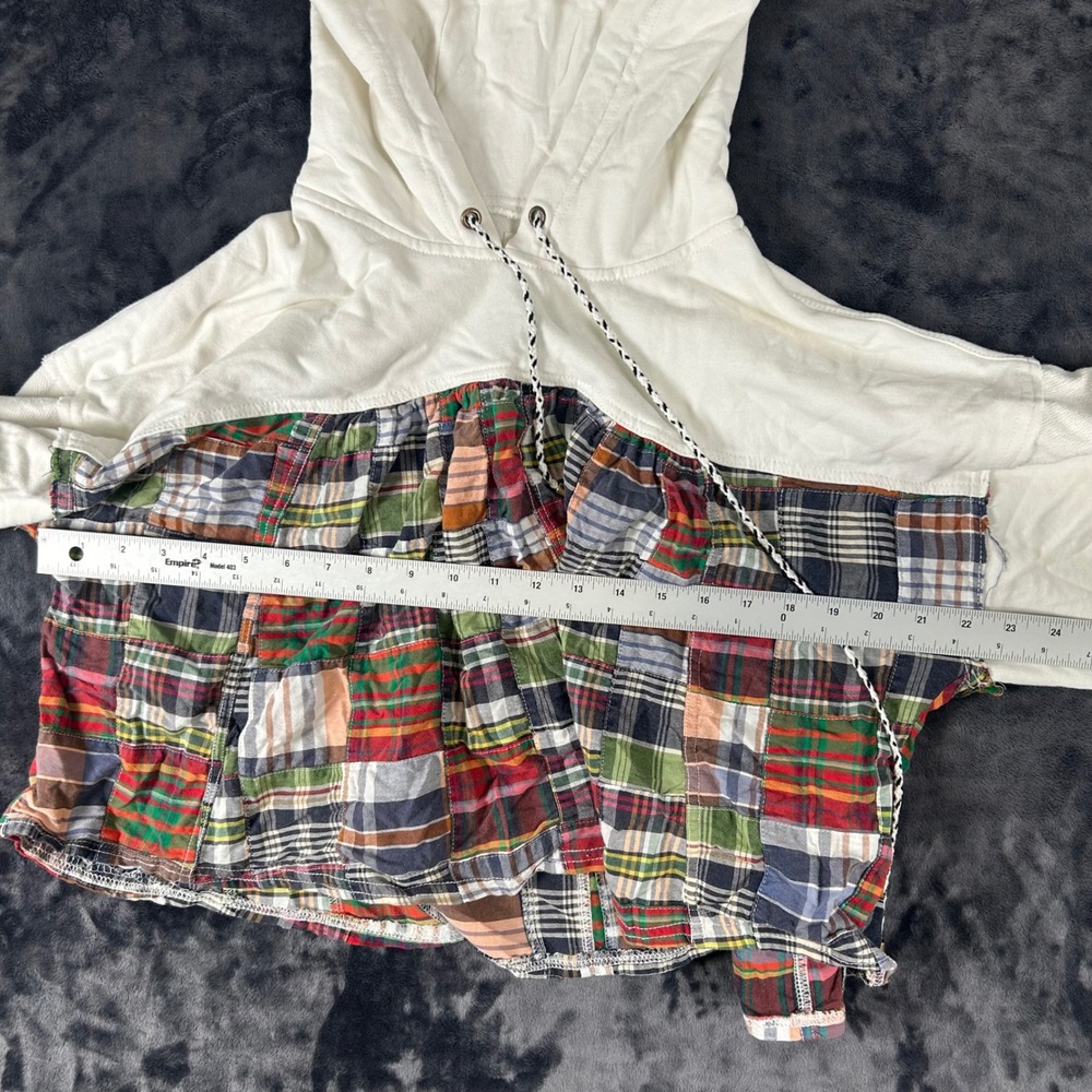 Pilcro Anthropologie Hoodie Womens Medium White Mixed Media Plaid Patchwork - Picture 3 of 7
